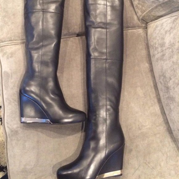 CHANEL 15B Lambskin Leather Tall Over The Knee High Wedge Heel Boots - Picture 1 of 14